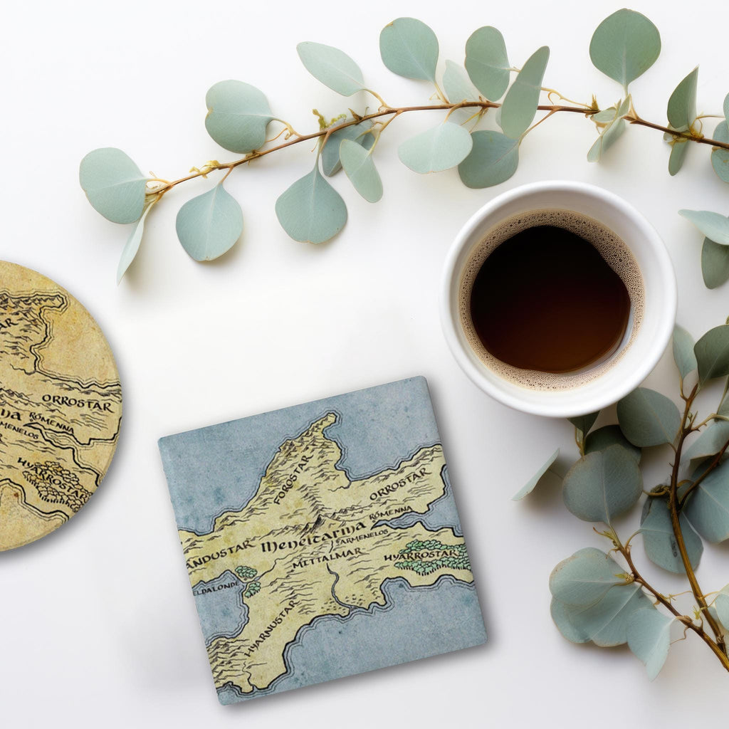 Numenor Silmarillion Map Coaster Set, Fantasy Tolkien Drink Ceramic Coasters, Nerdy Bookworm Gift, Mythical Adventure Home Decor