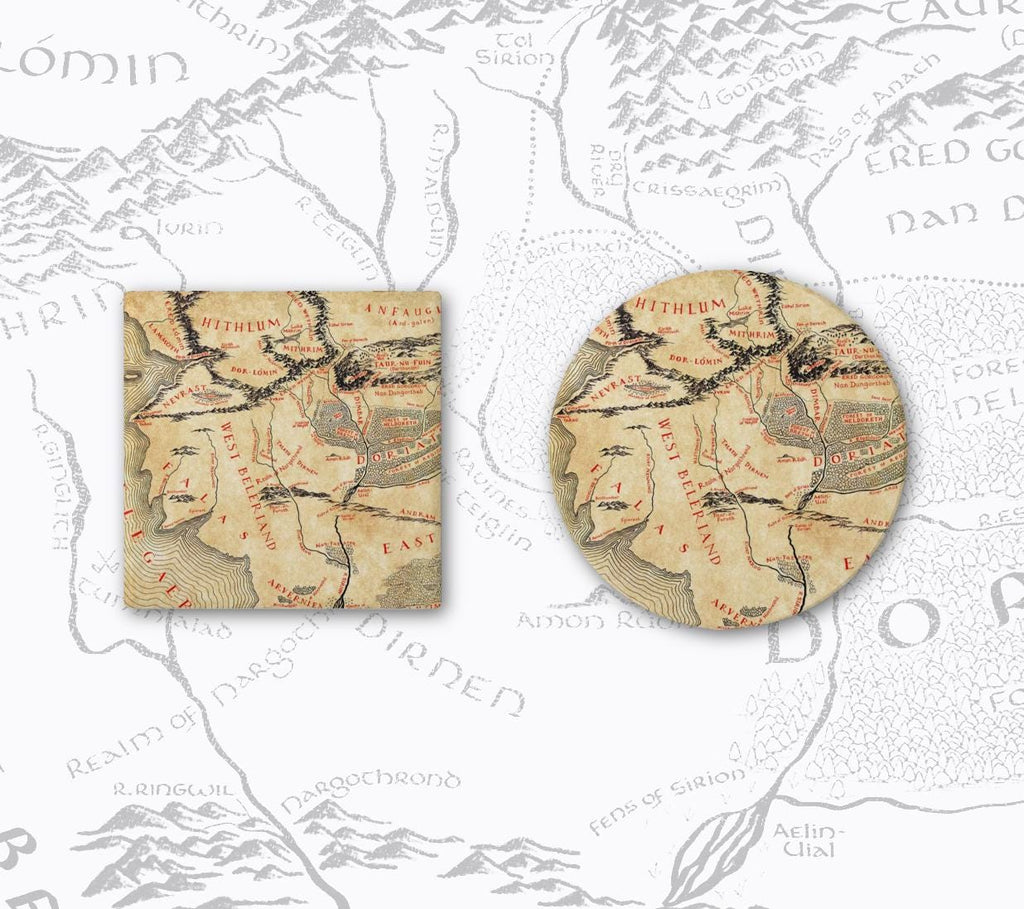 Beleriand Silmarillion Map Coaster Set, Tolkien Fantasy Drink Ceramic Coasters, Nerdy Bookworm Gift, Mythical Adventure Home Decor