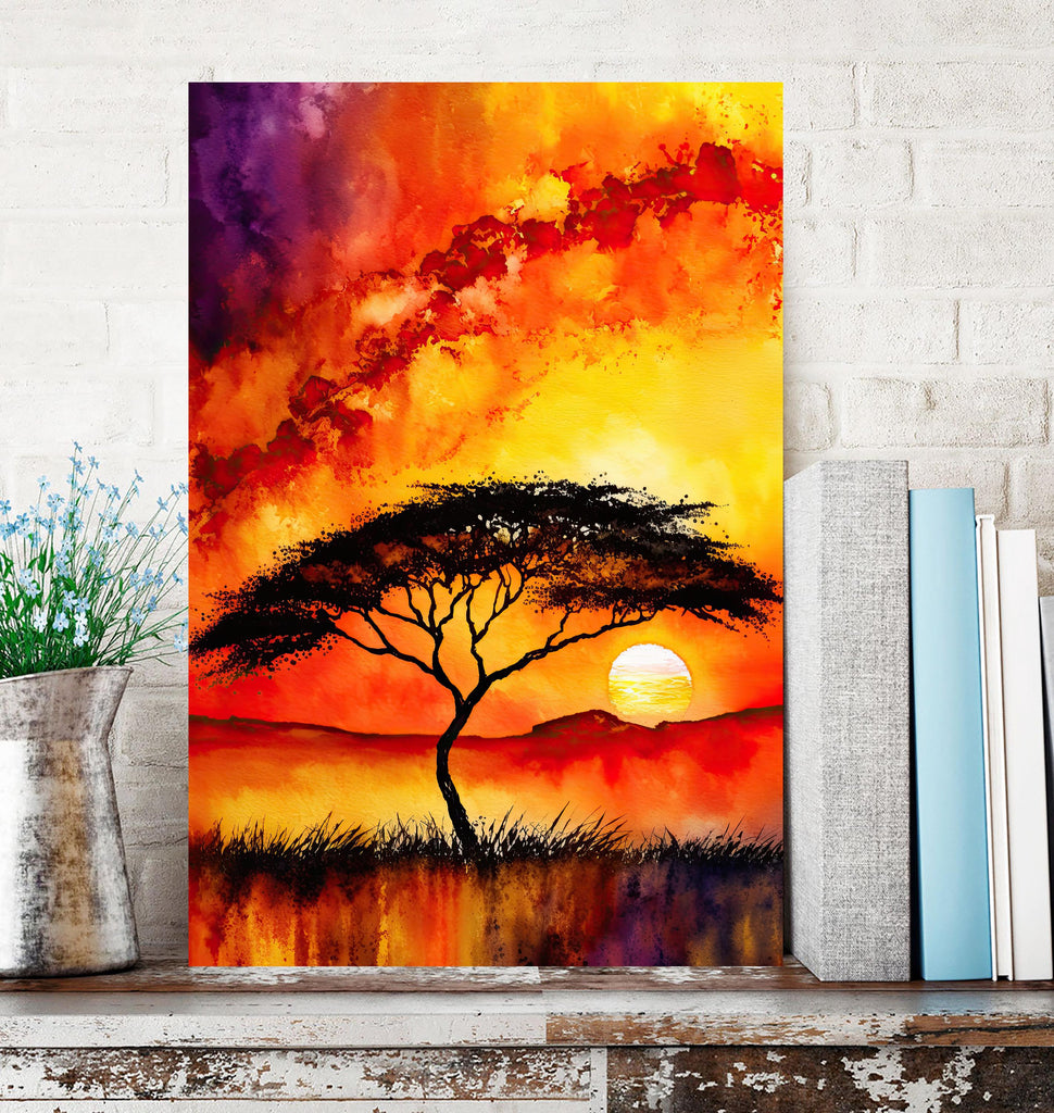 African Serengeti Sunset Wall Art Safari Print Africa Savanna Watercolor Landscape Painting Travel Gift Nature Inspired Decor