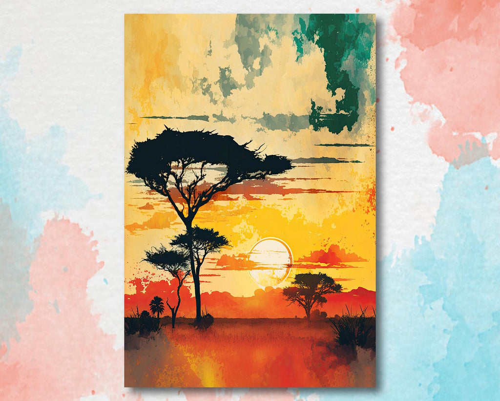 African Serengeti Sunset Wall Art Safari Print Africa Savanna Watercolor Landscape Painting Travel Gift Nature Inspired Decor