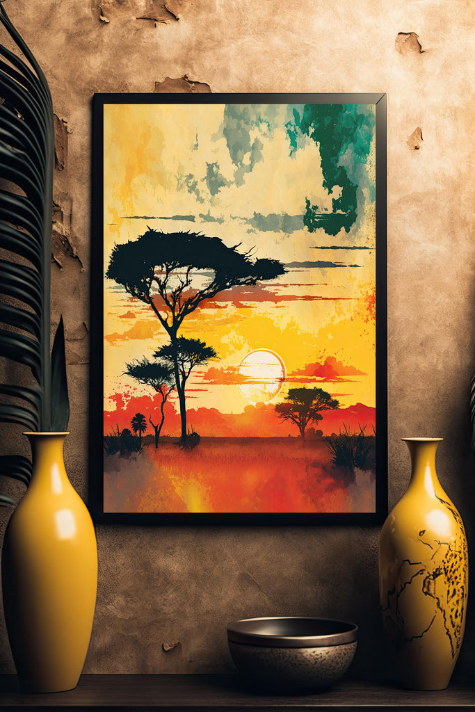 African Serengeti Sunset Wall Art Safari Print Africa Savanna Watercolor Landscape Painting Travel Gift Nature Inspired Decor