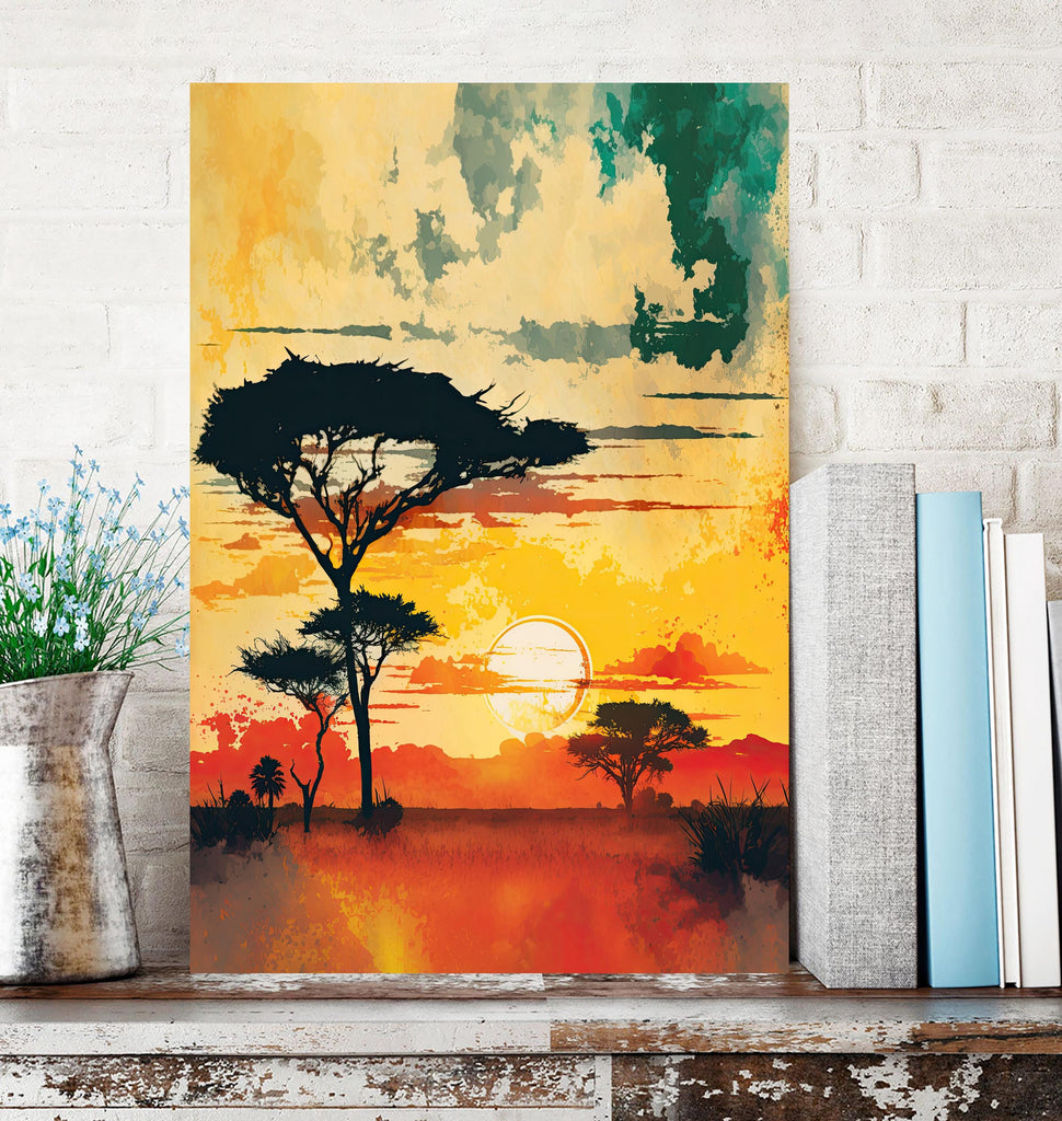 African Serengeti Sunset Wall Art Safari Print Africa Savanna Watercolor Landscape Painting Travel Gift Nature Inspired Decor