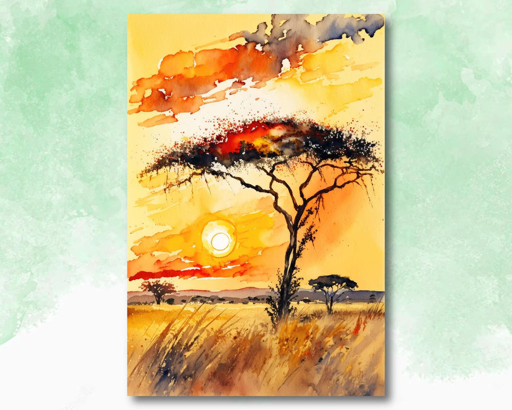 African Serengeti Sunset Wall Art Safari Print Africa Savanna Watercolor Landscape Painting Travel Gift Nature Inspired Decor