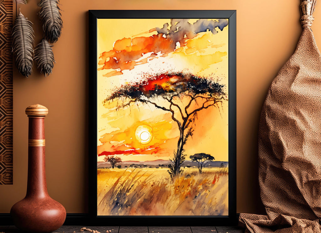 African Serengeti Sunset Wall Art Safari Print Africa Savanna Watercolor Landscape Painting Travel Gift Nature Inspired Decor