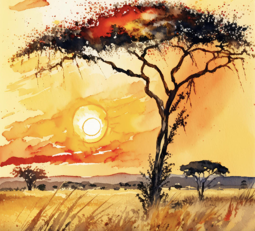 African Serengeti Sunset Wall Art Safari Print Africa Savanna Watercolor Landscape Painting Travel Gift Nature Inspired Decor