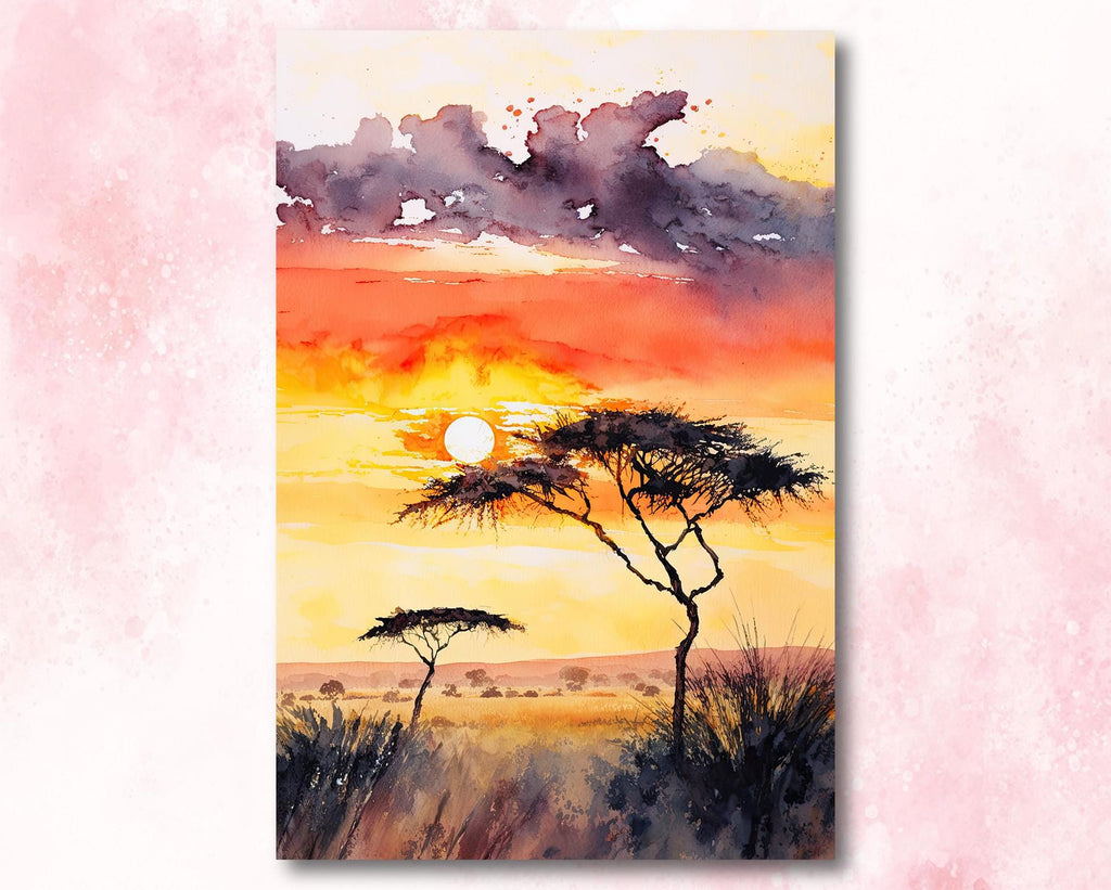 African Serengeti Sunset Wall Art Safari Print Africa Savanna Watercolor Landscape Painting Travel Gift Nature Inspired Decor