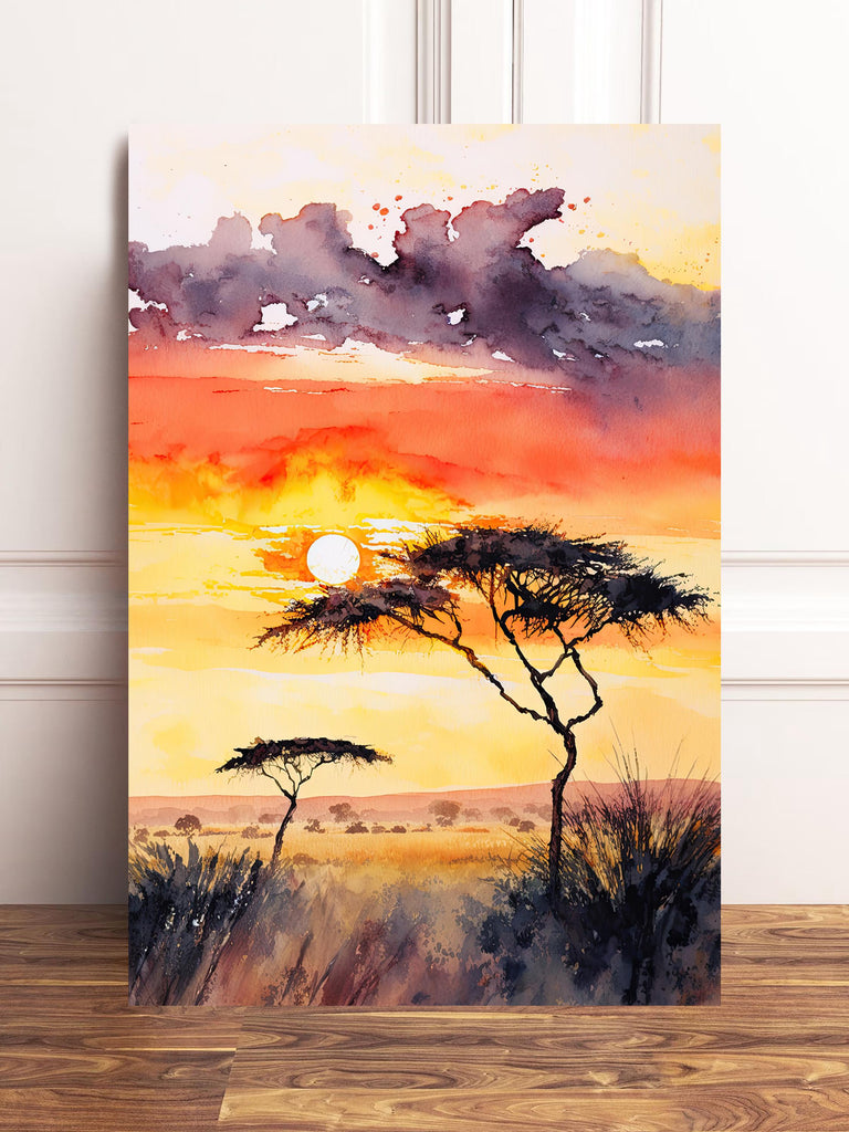 African Serengeti Sunset Wall Art Safari Print Africa Savanna Watercolor Landscape Painting Travel Gift Nature Inspired Decor