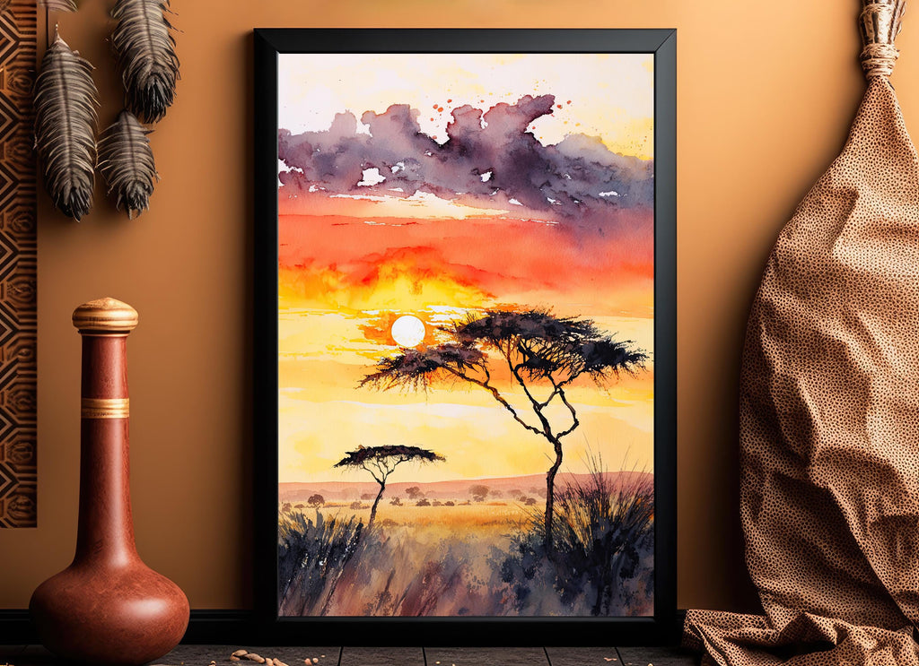 African Serengeti Sunset Wall Art Safari Print Africa Savanna Watercolor Landscape Painting Travel Gift Nature Inspired Decor