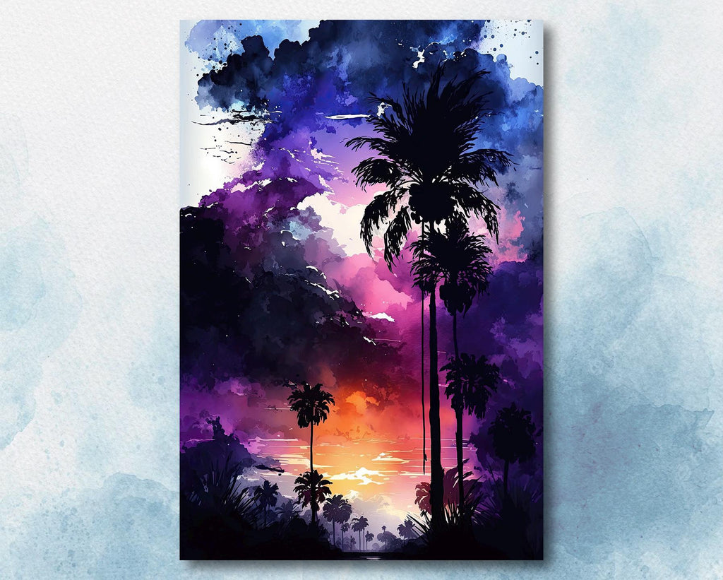 Palm Tree Sunset Art Print Watercolor Coastal Wall Art Nature Inspired Gift Tropical Beach House Home Decor