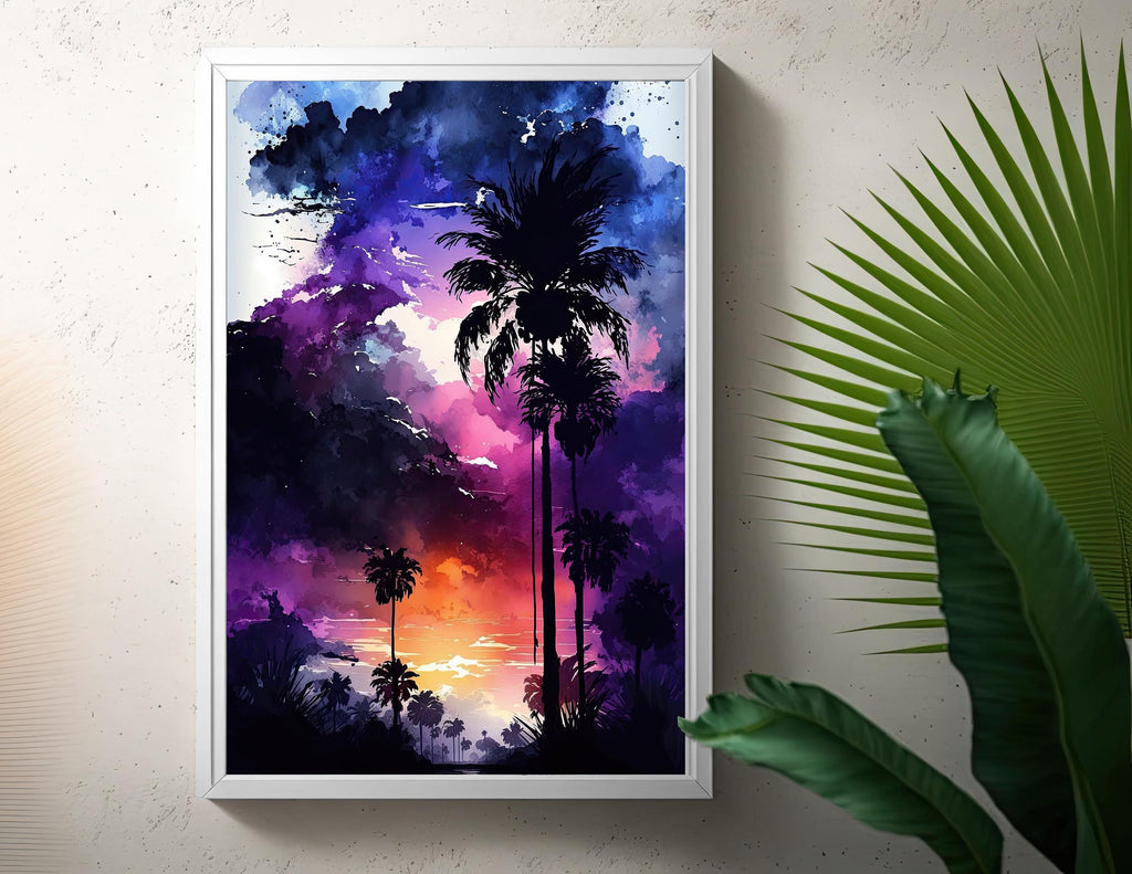 Palm Tree Sunset Art Print Watercolor Coastal Wall Art Nature Inspired Gift Tropical Beach House Home Decor