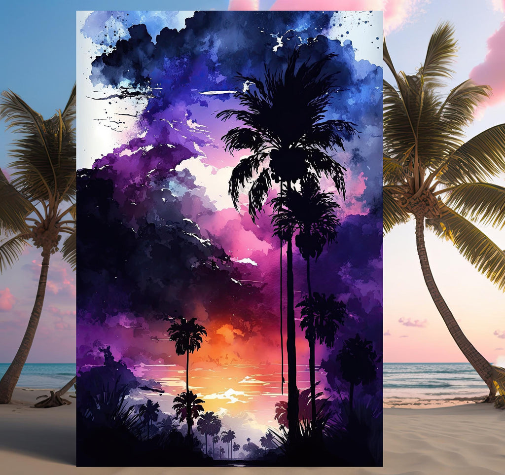 Palm Tree Sunset Art Print Watercolor Coastal Wall Art Nature Inspired Gift Tropical Beach House Home Decor