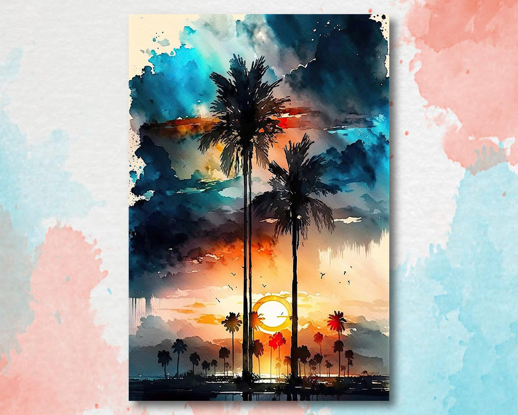 Palm Tree Sunset Art Print Watercolor Coastal Wall Art Nature Inspired Gift Tropical Beach House Home Decor