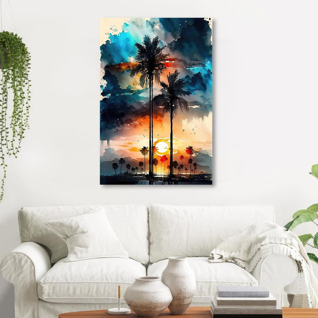 Palm Tree Sunset Art Print Watercolor Coastal Wall Art Nature Inspired Gift Tropical Beach House Home Decor