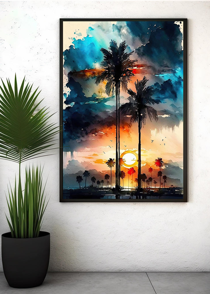 Palm Tree Sunset Art Print Watercolor Coastal Wall Art Nature Inspired Gift Tropical Beach House Home Decor