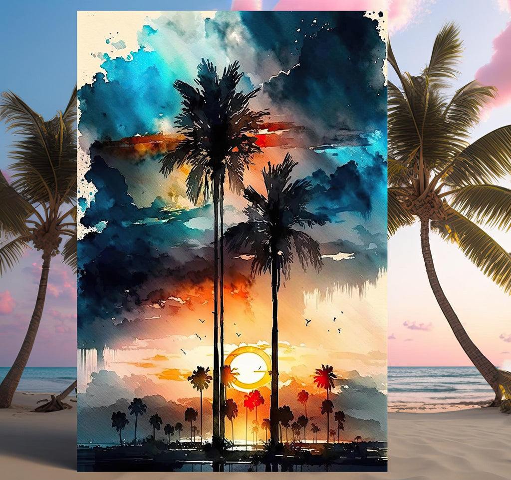 Palm Tree Sunset Art Print Watercolor Coastal Wall Art Nature Inspired Gift Tropical Beach House Home Decor