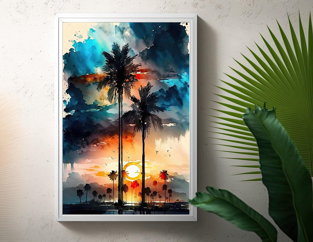 Palm Tree Sunset Art Print Watercolor Coastal Wall Art Nature Inspired Gift Tropical Beach House Home Decor