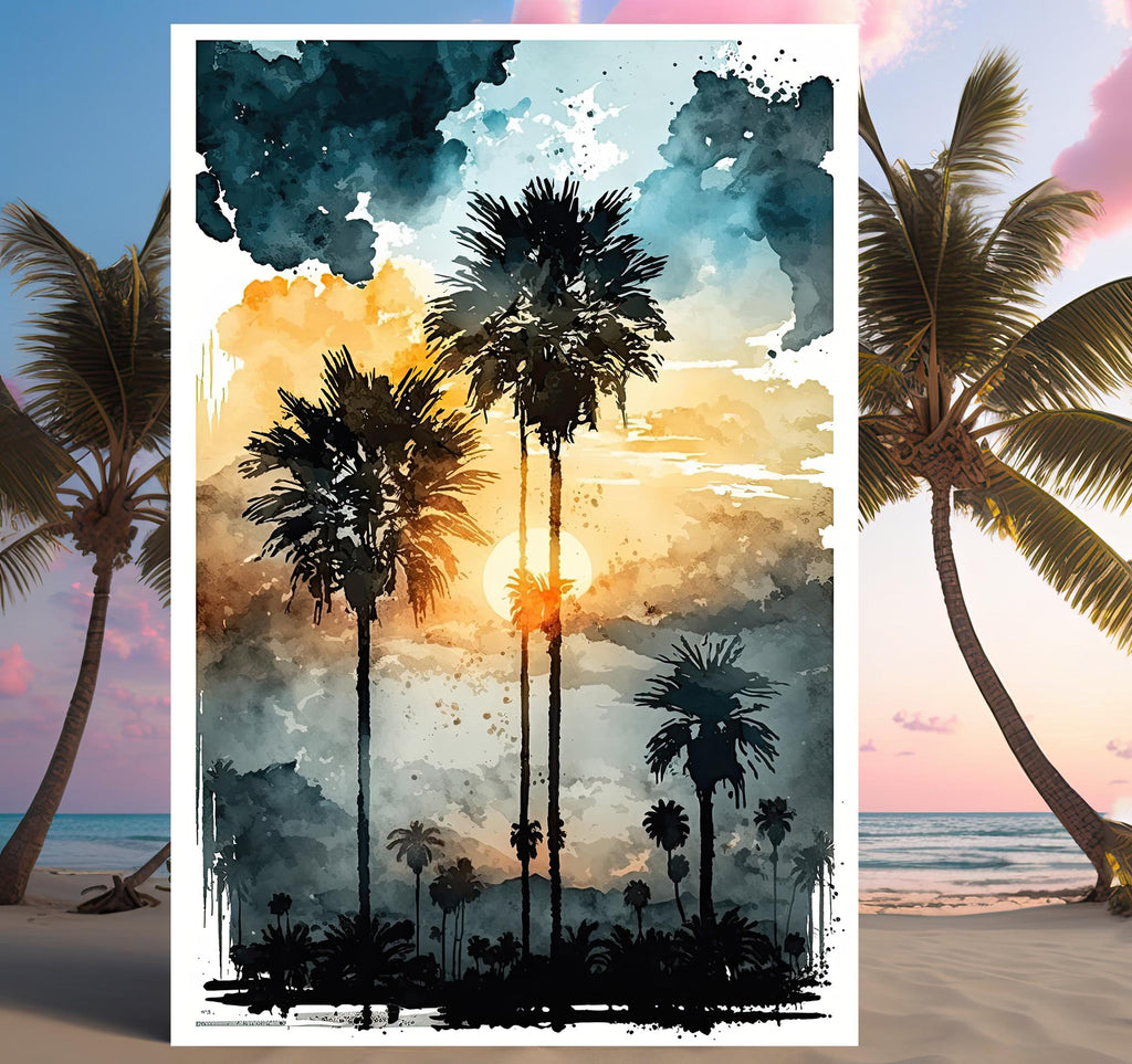 Palm Tree Sunset Art Print Watercolor Coastal Wall Art Nature Inspired Gift Tropical Beach House Home Decor