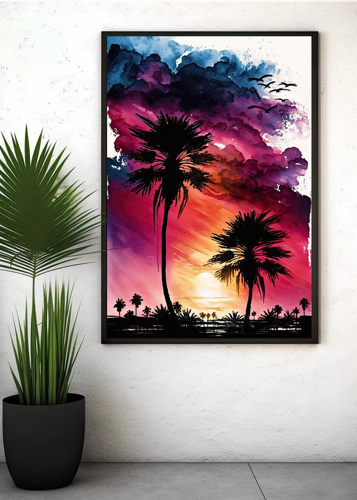 Palm Tree Sunset Art Print Watercolor Coastal Wall Art Nature Inspired Gift Tropical Beach House Home Decor