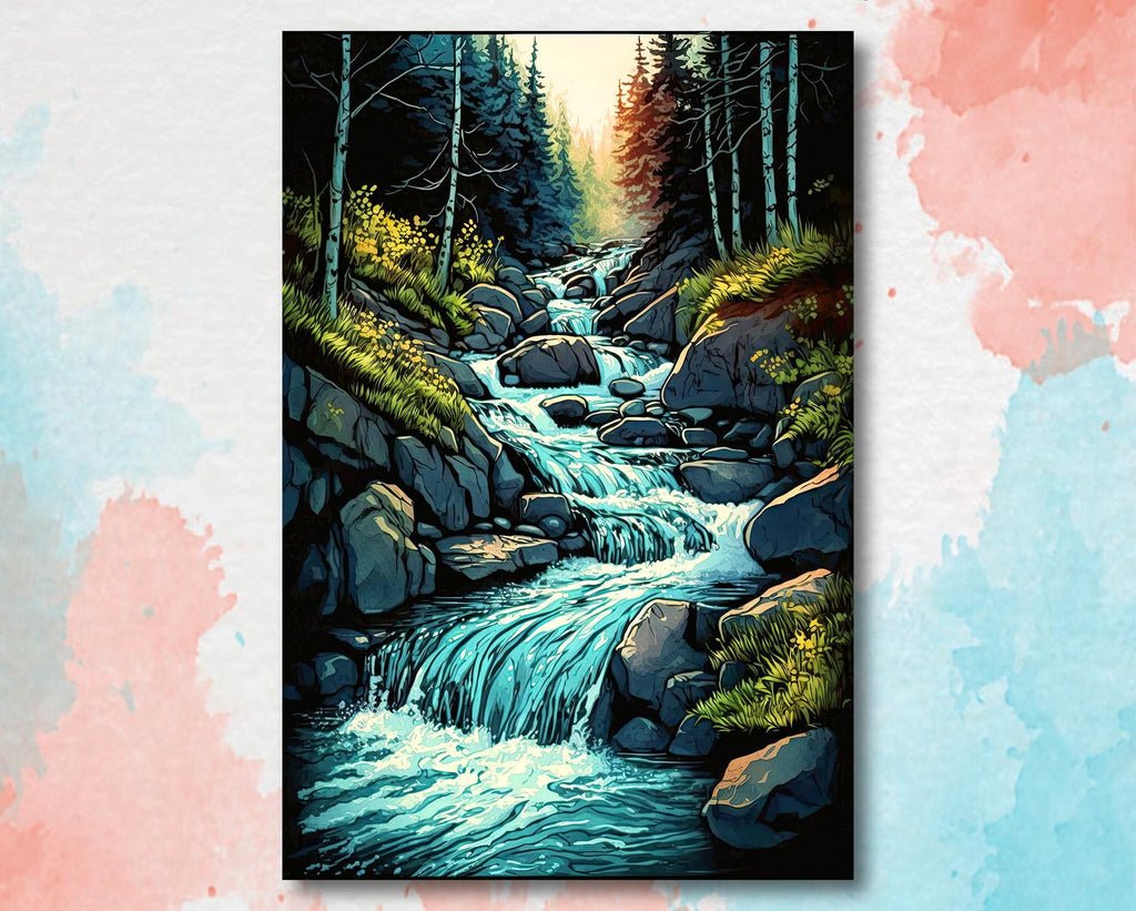 Forest Stream Watercolor Print, Nature Inspired River Canvas Art, Rustic Woodland Poster, Tranquil Landscape Wall Art Home Decor