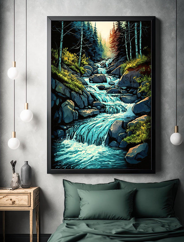 Forest Stream Watercolor Print, Nature Inspired River Canvas Art, Rustic Woodland Poster, Tranquil Landscape Wall Art Home Decor