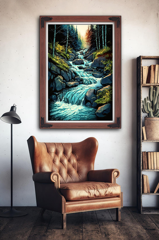 Forest Stream Watercolor Print, Nature Inspired River Canvas Art, Rustic Woodland Poster, Tranquil Landscape Wall Art Home Decor