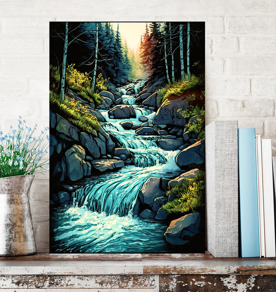 Forest Stream Watercolor Print, Nature Inspired River Canvas Art, Rustic Woodland Poster, Tranquil Landscape Wall Art Home Decor