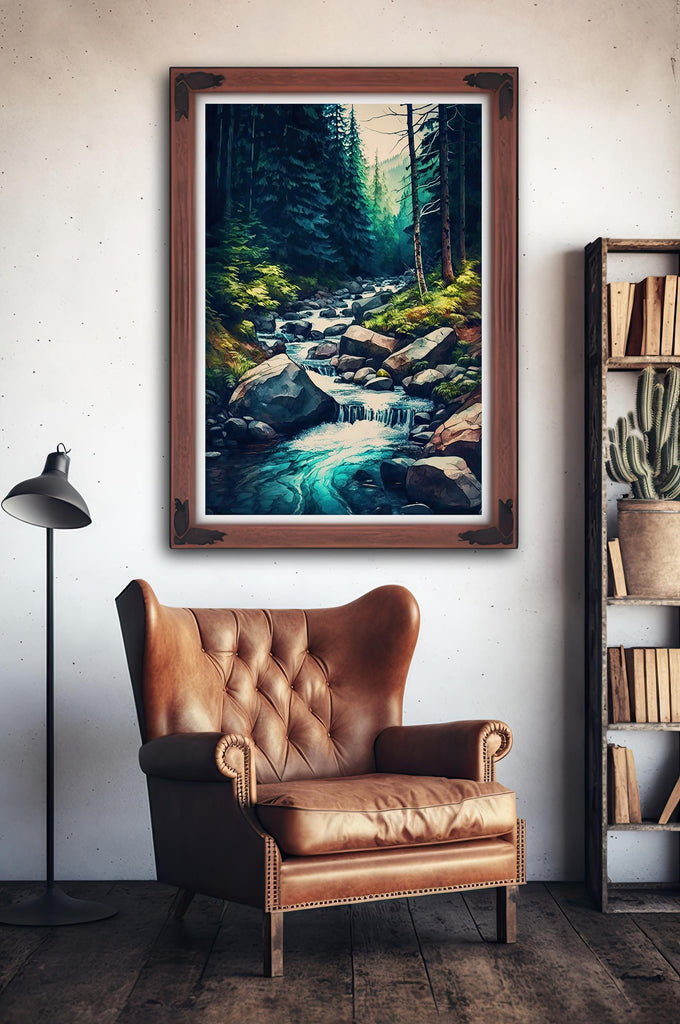 Forest Stream Watercolor Print, Nature Inspired River Canvas Art, Rustic Woodland Poster, Tranquil Landscape Wall Art Home Decor
