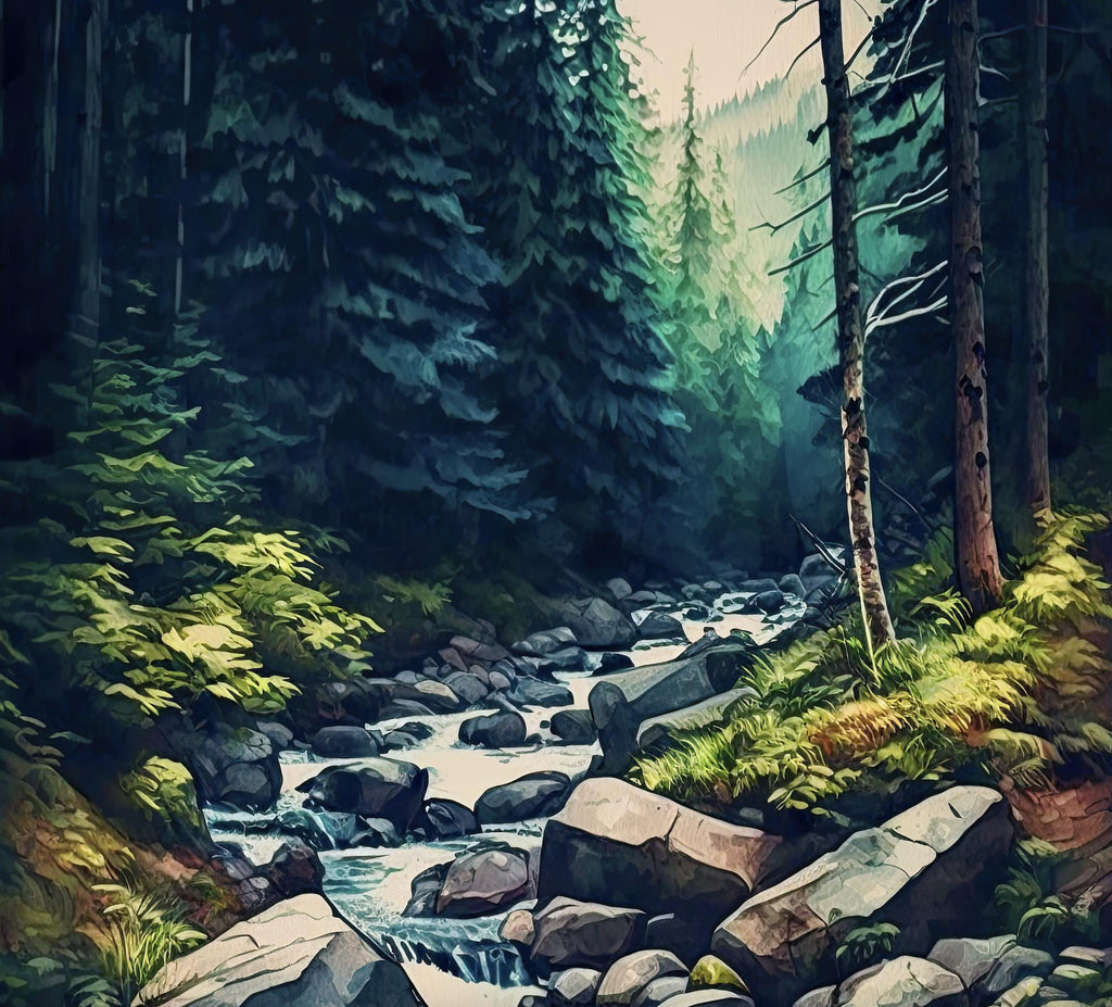 Forest Stream Watercolor Print, Nature Inspired River Canvas Art, Rustic Woodland Poster, Tranquil Landscape Wall Art Home Decor