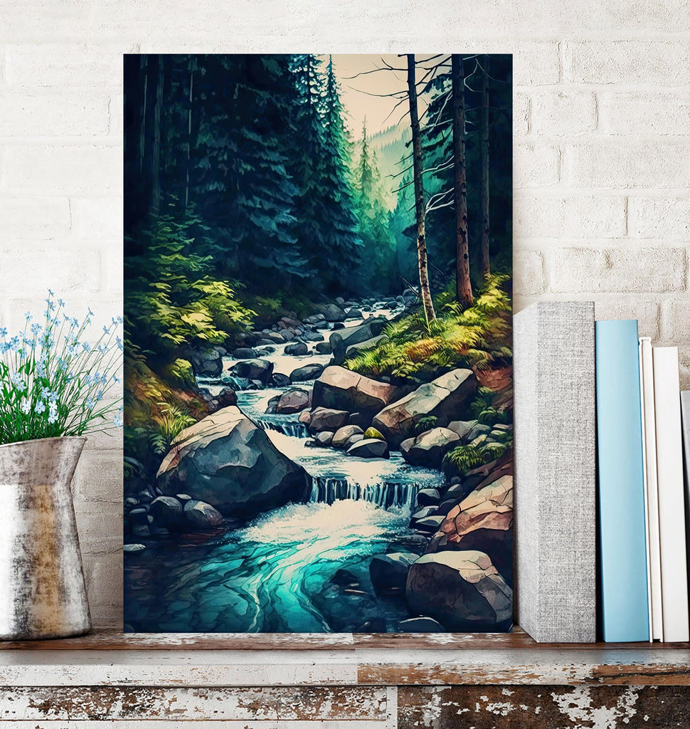 Forest Stream Watercolor Print, Nature Inspired River Canvas Art, Rustic Woodland Poster, Tranquil Landscape Wall Art Home Decor