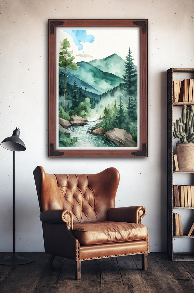 Forest Stream Watercolor Print, Nature Inspired River Canvas Art, Rustic Woodland Poster, Tranquil Landscape Wall Art Home Decor
