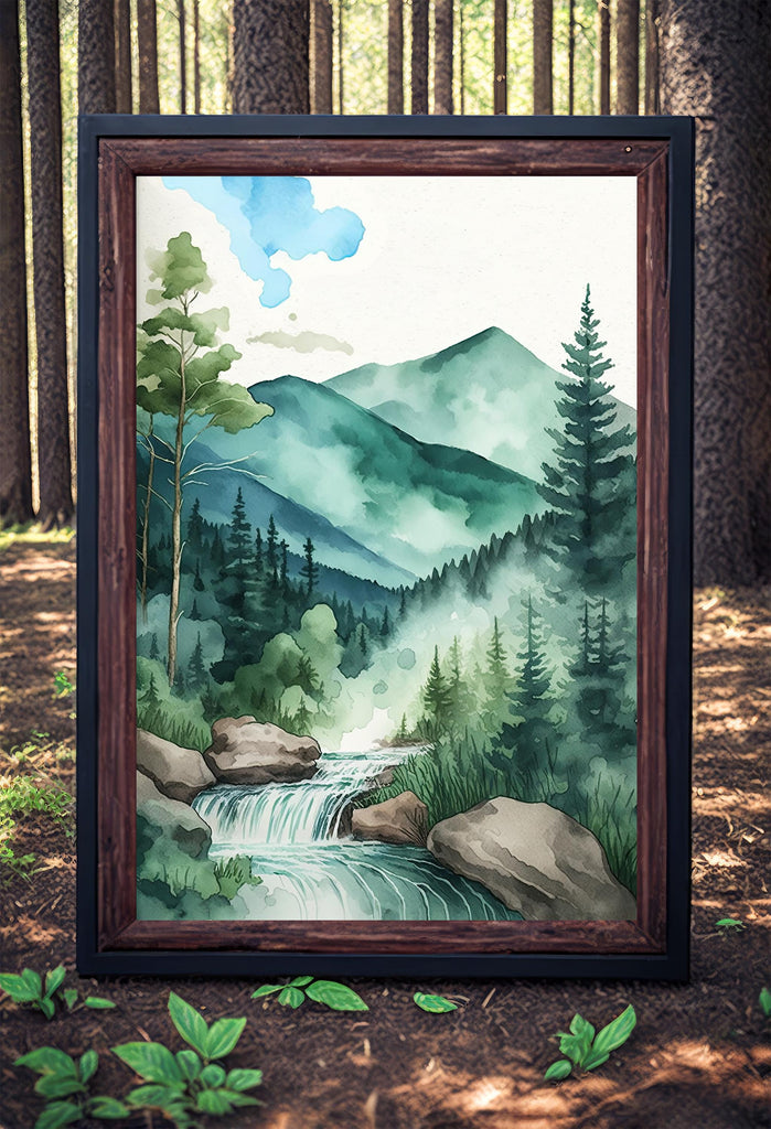 Forest Stream Watercolor Print, Nature Inspired River Canvas Art, Rustic Woodland Poster, Tranquil Landscape Wall Art Home Decor