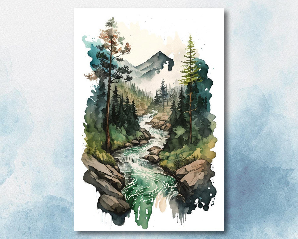 Forest Stream Watercolor Print, Nature Inspired River Canvas Art, Rustic Woodland Poster, Tranquil Landscape Wall Art Home Decor