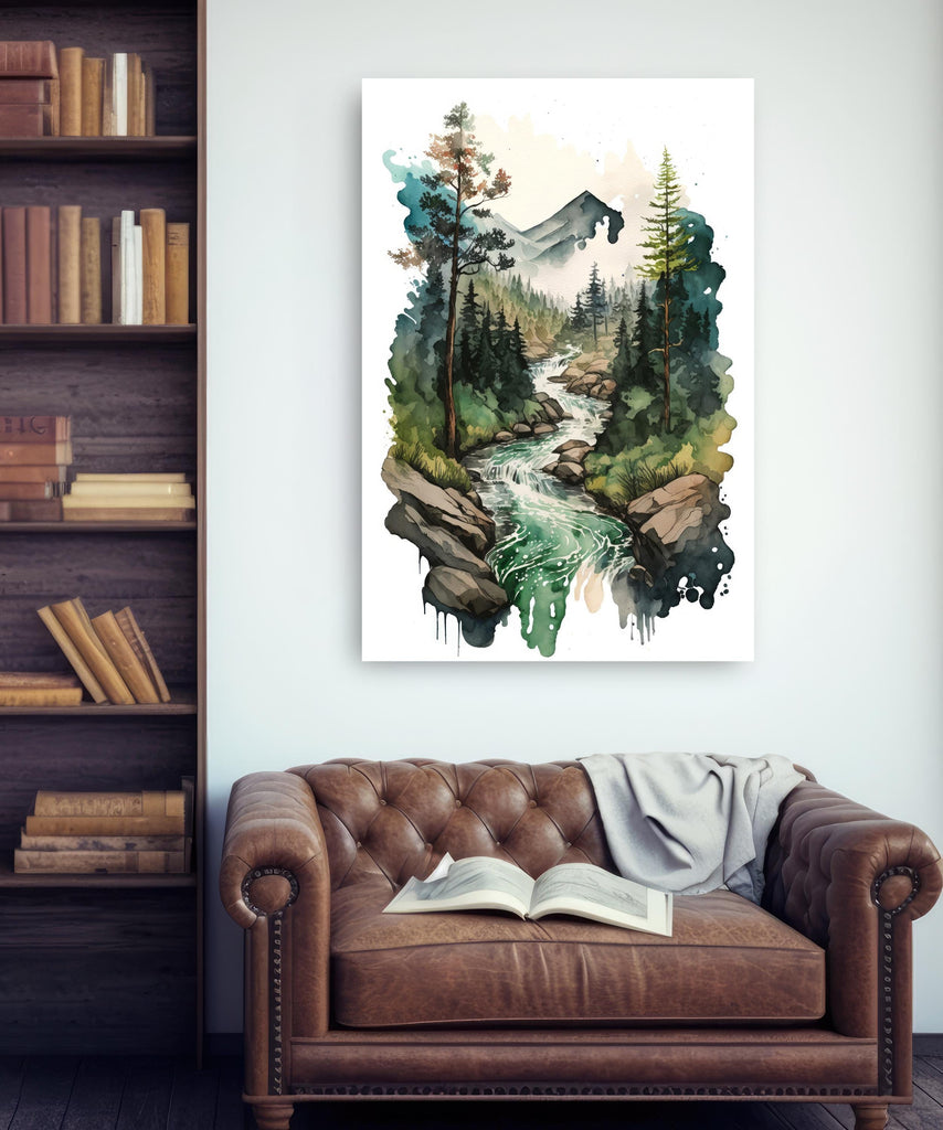 Forest Stream Watercolor Print, Nature Inspired River Canvas Art, Rustic Woodland Poster, Tranquil Landscape Wall Art Home Decor