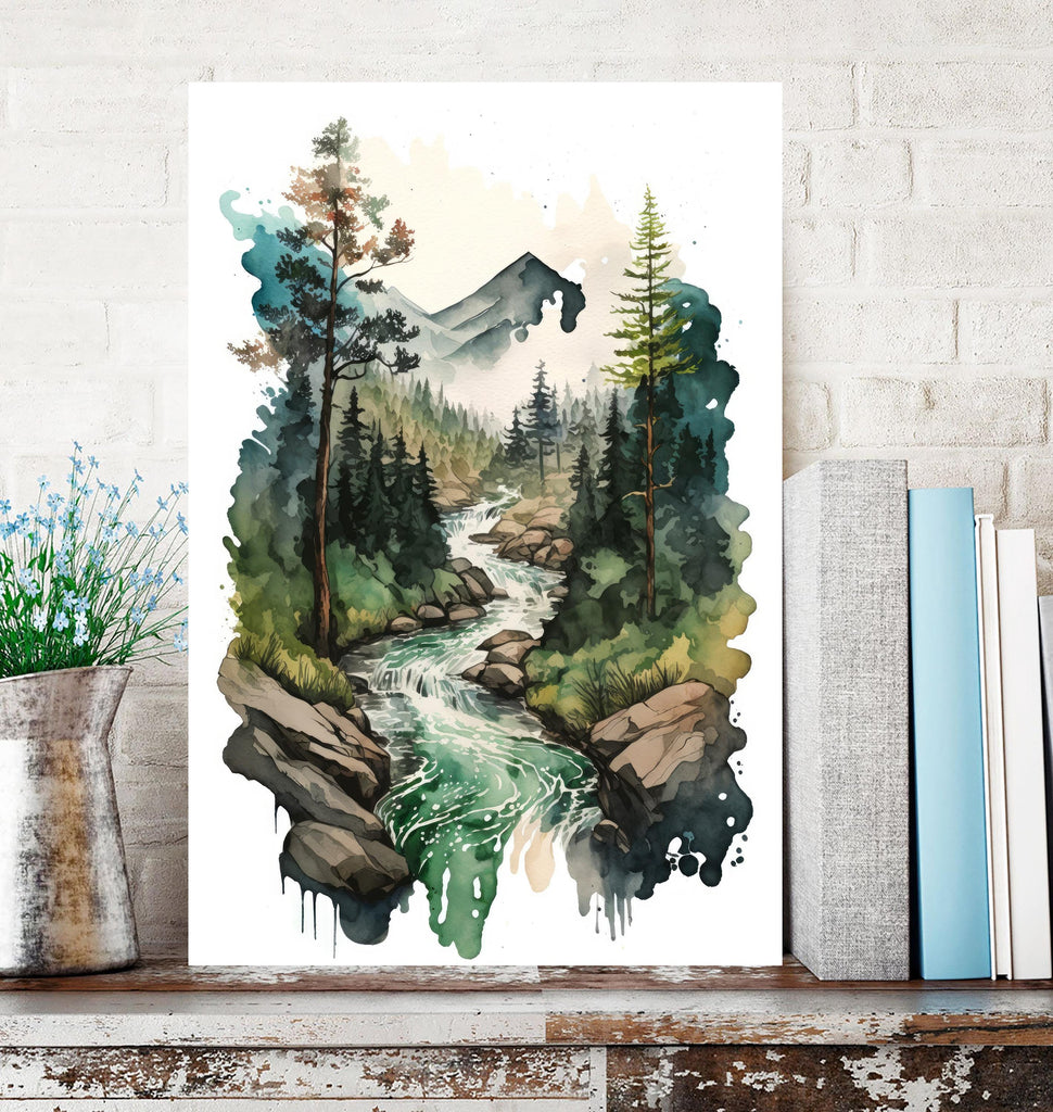 Forest Stream Watercolor Print, Nature Inspired River Canvas Art, Rustic Woodland Poster, Tranquil Landscape Wall Art Home Decor