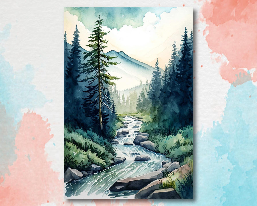 Forest Stream Watercolor Print, Nature Inspired River Canvas Art, Rustic Woodland Poster, Tranquil Landscape Wall Art Home Decor