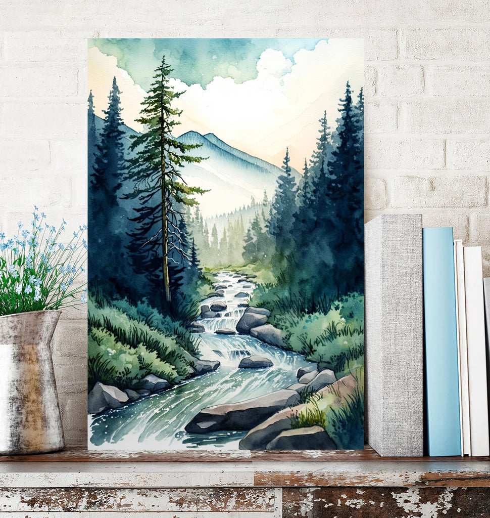 Forest Stream Watercolor Print, Nature Inspired River Canvas Art, Rustic Woodland Poster, Tranquil Landscape Wall Art Home Decor