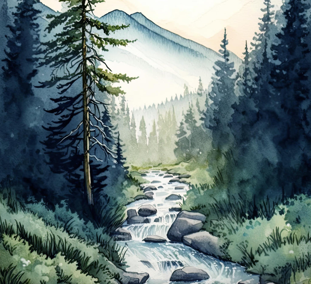 Forest Stream Watercolor Print, Nature Inspired River Canvas Art, Rustic Woodland Poster, Tranquil Landscape Wall Art Home Decor