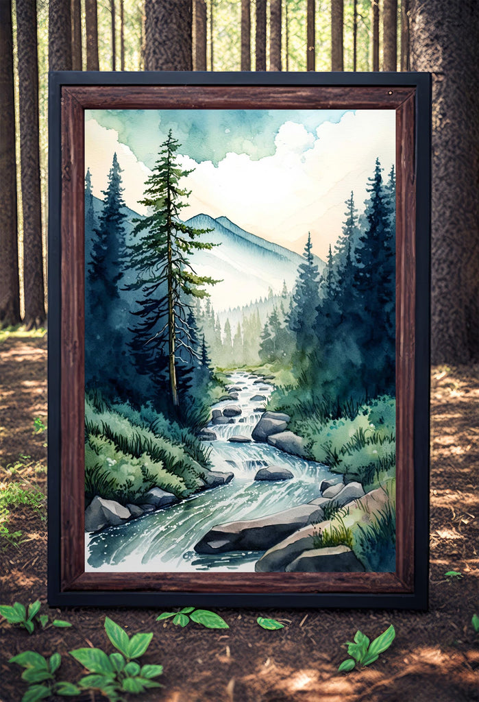 Forest Stream Watercolor Print, Nature Inspired River Canvas Art, Rustic Woodland Poster, Tranquil Landscape Wall Art Home Decor