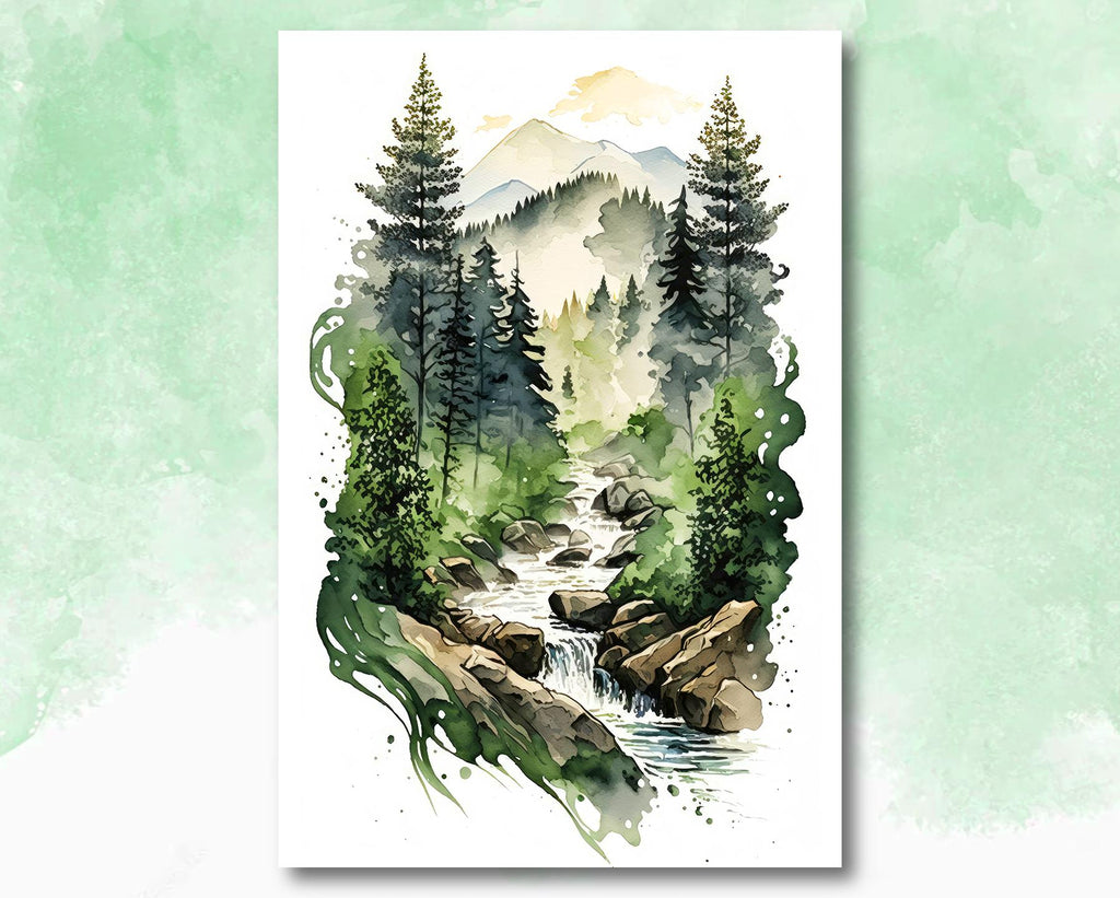 Forest Stream Watercolor Print, Nature Inspired River Canvas Art, Rustic Woodland Poster, Tranquil Landscape Wall Art Home Decor
