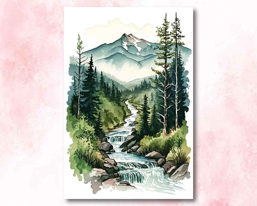 Forest Stream Watercolor Print, Nature Inspired River Canvas Art, Rustic Woodland Poster, Tranquil Landscape Wall Art Home Decor