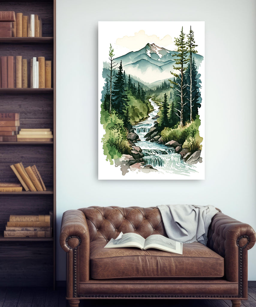 Forest Stream Watercolor Print, Nature Inspired River Canvas Art, Rustic Woodland Poster, Tranquil Landscape Wall Art Home Decor