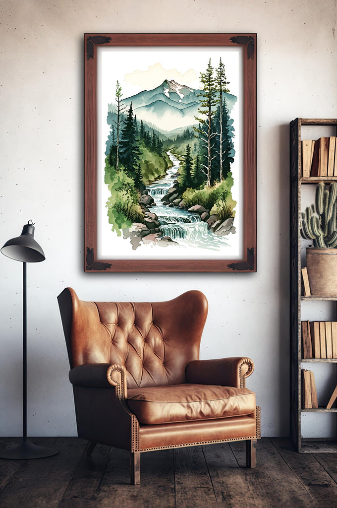 Forest Stream Watercolor Print, Nature Inspired River Canvas Art, Rustic Woodland Poster, Tranquil Landscape Wall Art Home Decor