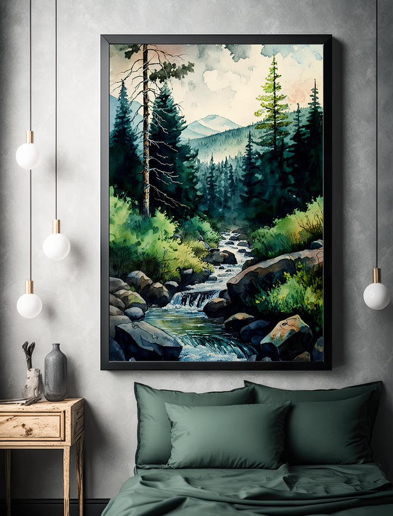 Forest Stream Watercolor Print, Nature Inspired River Canvas Art, Rustic Woodland Poster, Tranquil Landscape Wall Art Home Decor