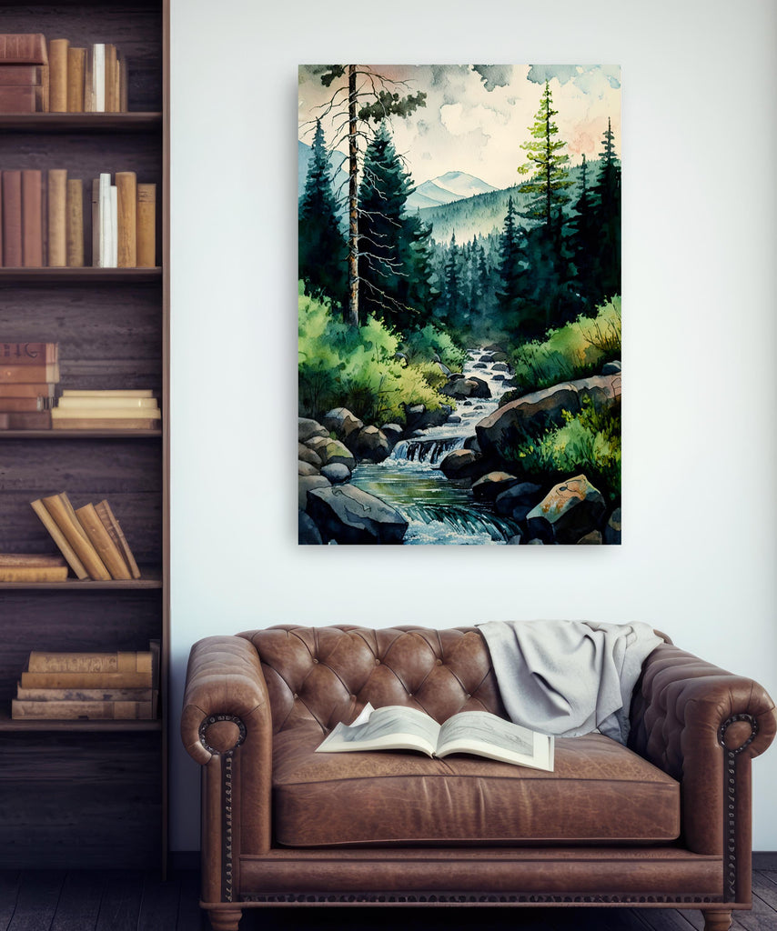 Forest Stream Watercolor Print, Nature Inspired River Canvas Art, Rustic Woodland Poster, Tranquil Landscape Wall Art Home Decor