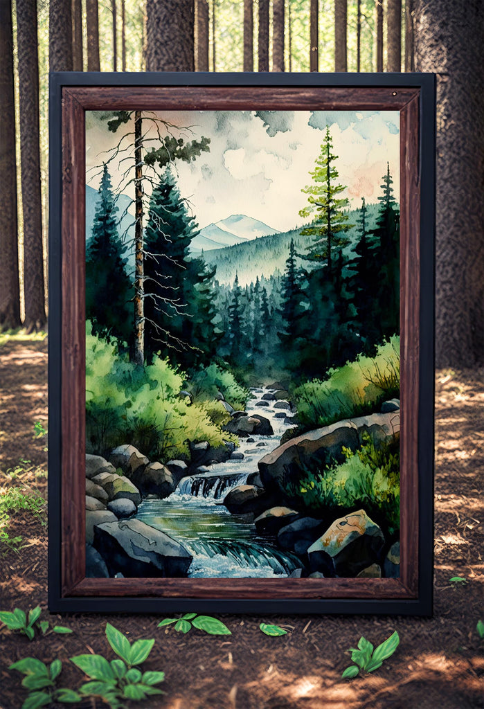 Forest Stream Watercolor Print, Nature Inspired River Canvas Art, Rustic Woodland Poster, Tranquil Landscape Wall Art Home Decor