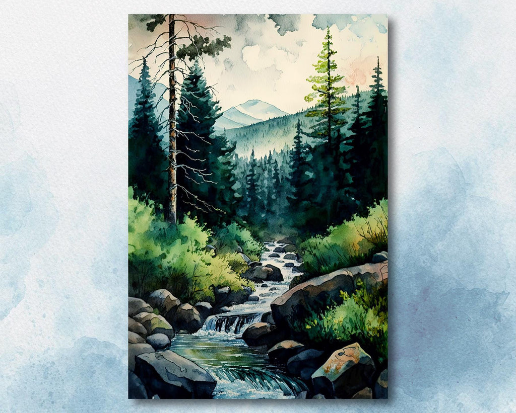 Forest Stream Watercolor Print, Nature Inspired River Canvas Art, Rustic Woodland Poster, Tranquil Landscape Wall Art Home Decor