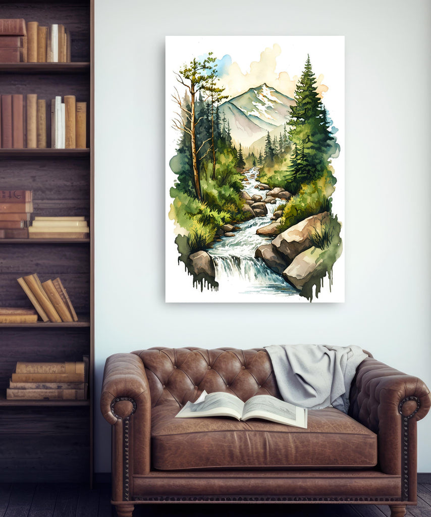 Forest Stream Watercolor Print, Nature Inspired River Canvas Art, Rustic Woodland Poster, Tranquil Landscape Wall Art Home Decor