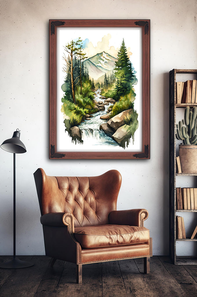 Forest Stream Watercolor Print, Nature Inspired River Canvas Art, Rustic Woodland Poster, Tranquil Landscape Wall Art Home Decor