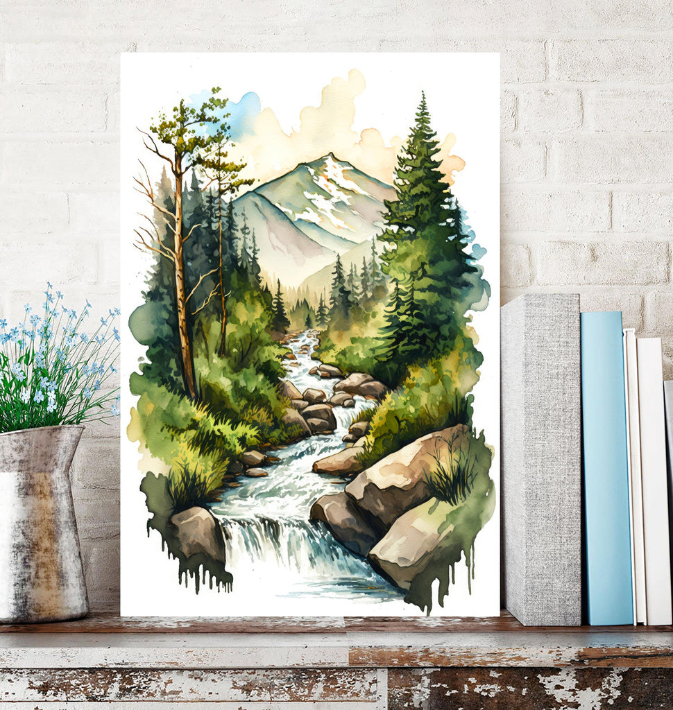 Forest Stream Watercolor Print, Nature Inspired River Canvas Art, Rustic Woodland Poster, Tranquil Landscape Wall Art Home Decor