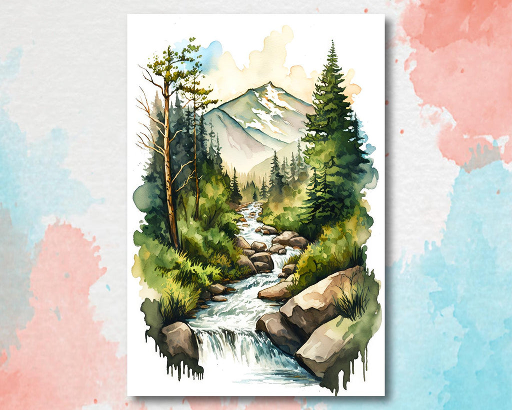 Forest Stream Watercolor Print, Nature Inspired River Canvas Art, Rustic Woodland Poster, Tranquil Landscape Wall Art Home Decor